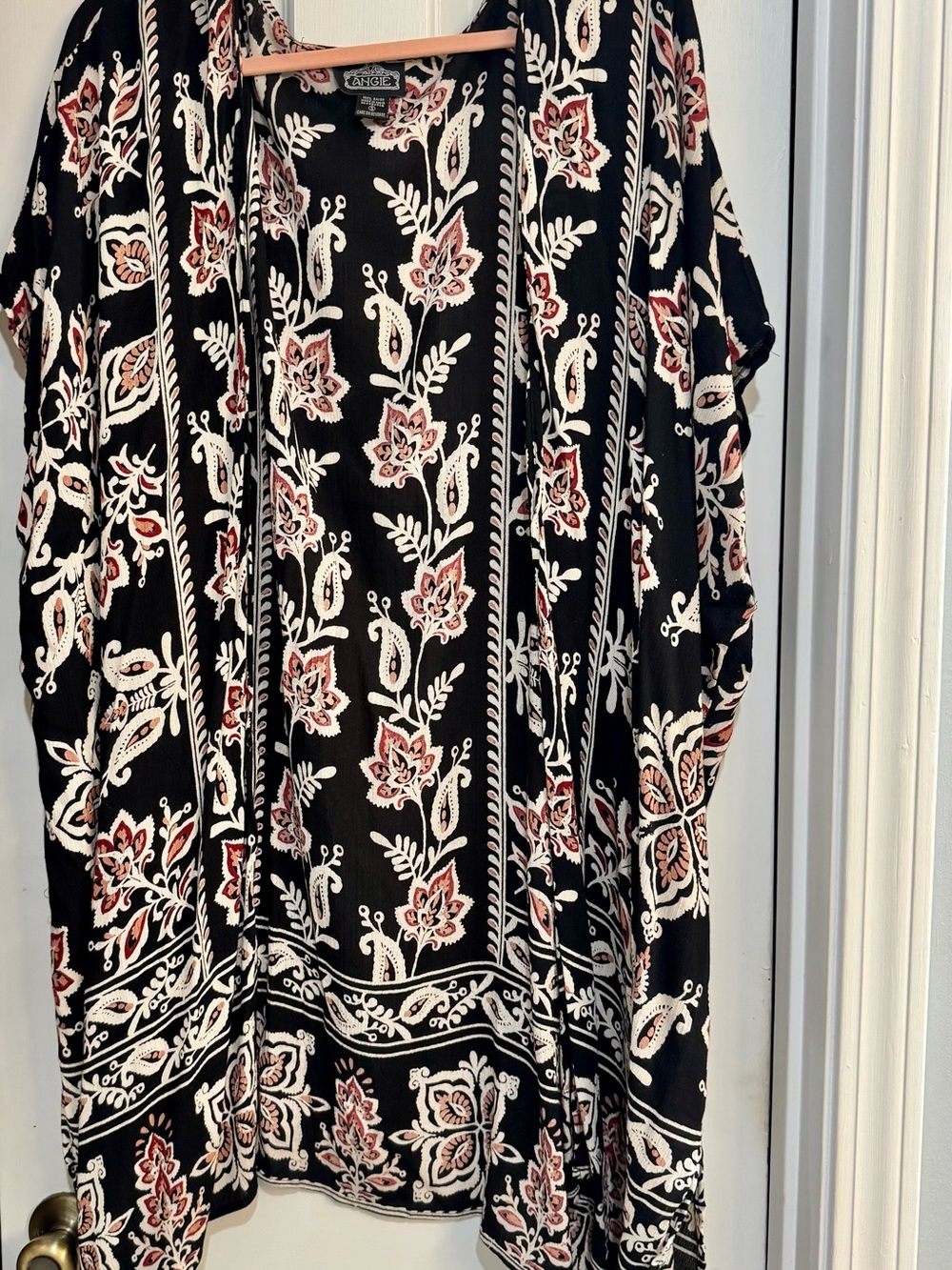 Angie Black Floral Print Kimono with Cream and Burgundy Accents